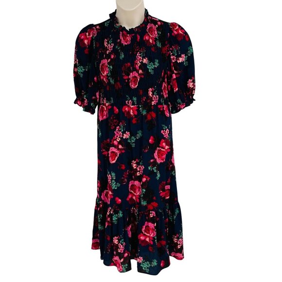 London Times Floral Smocked Bodice A-Line Midi Dress Size 6 Navy Floral - Picture 3 of 13